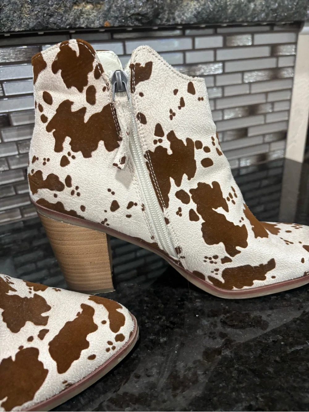 Cowhide Print Ankle Boots - Cream & Brown - Picture 2 of 5